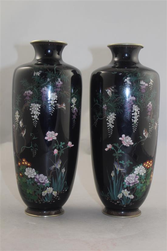 A pair of Japanese silver wire cloisonne enamel vases, Meiji period, 24.5cm, slight damage to enamel